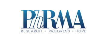 blue PhRMA logo that reads "research - progress - hope" below it